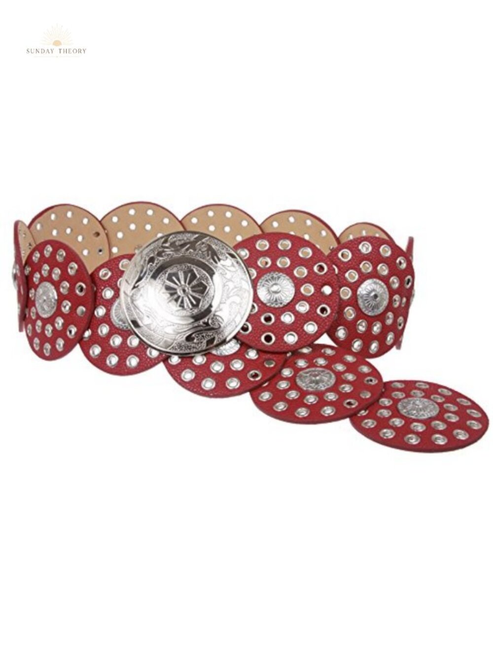 Wide Boho Disc Concho Faux Leather Belt - Silver Buckle Link Waist Belt